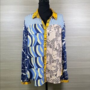 Maeve Anthropologie Mixed Media Zebra Floral Patterned Button Down Shirt | Large